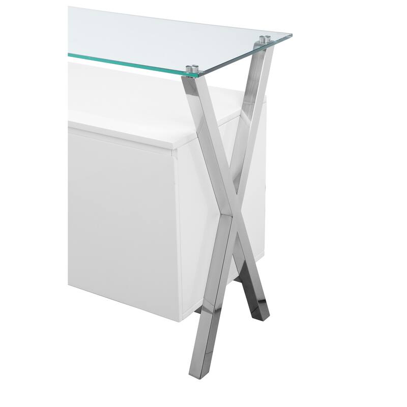 Tia Sideboard Buffet Console, 2 Doors, Chrome and Glass, White 63 Inch