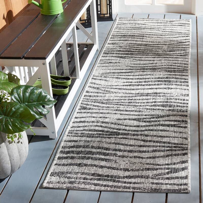 SAFAVIEH Courtyard Nagehan Stripe Indoor/ Outdoor Waterproof Patio Backyard Rug - 2'3" x 8' Runner - Grey/Black
