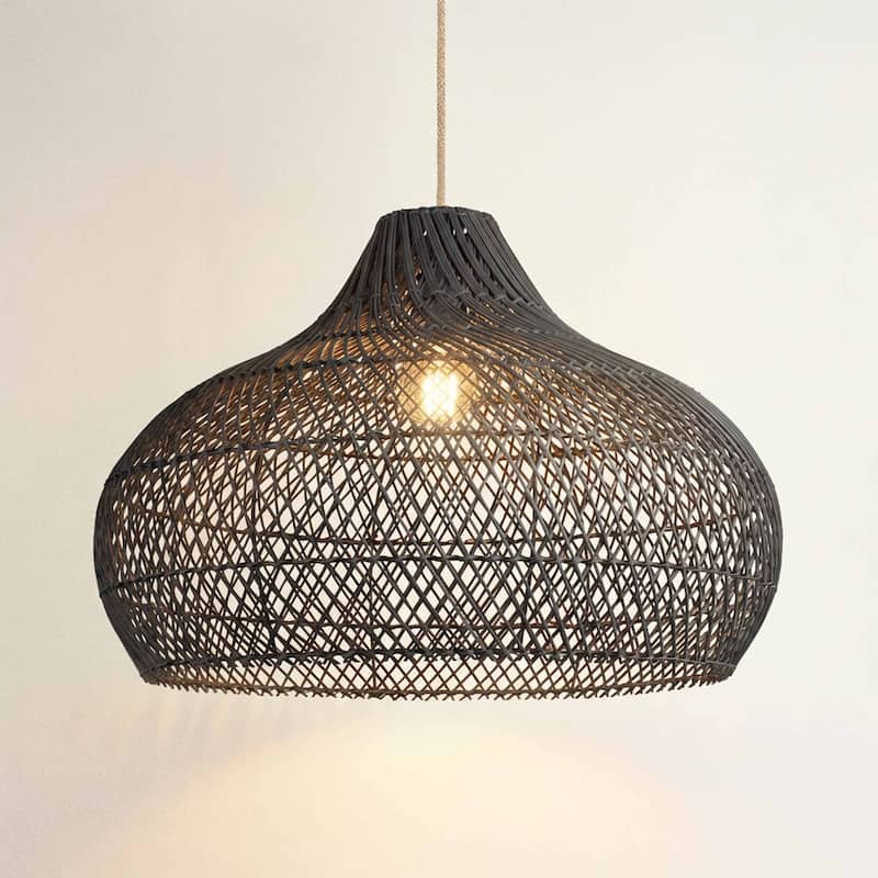 Latigo Rattan Pendant Light - Black Dome 1-Light Handwoven Light Fixture For Modern, Transitional, Farmhouse Room Decor