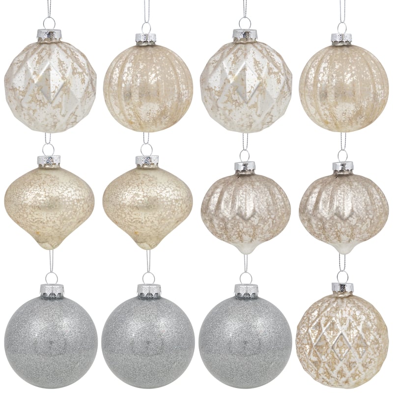 12ct Champagne Silver Mercury Glass Style Glass Ornament Set 3"