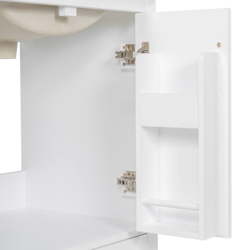 Bathroom Vanity with Ceramic Sink, Freestanding Bathroom Cabinet with Double Shelf, 1 Divided Drawer & 2 Soft Close Doors