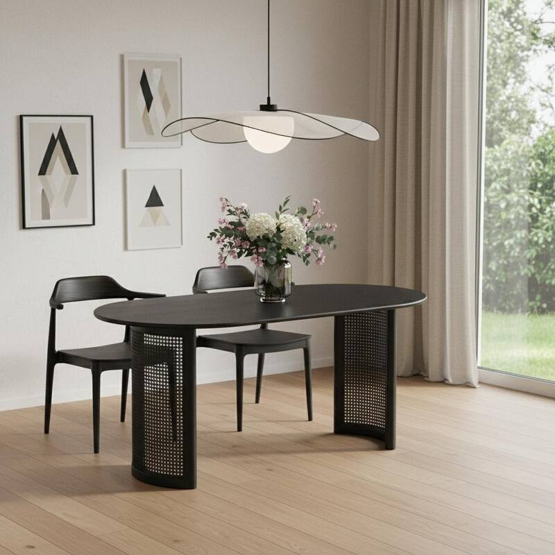 HomeRoots 66" Black Solid Wood Double Pedestal Base Oval Dining Table - 66.38 in. x 29.72 in. x 33.19 in. - Black - 66.38 in. x 29.72 in.  x 33.19 in.