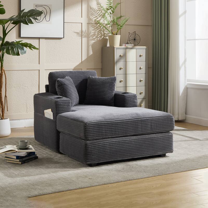 Corduroy Upholstered Chaise Lounge Sofa,Magazine bag,Detachable Cushions Deep Seat for Living Room Office - Grey
