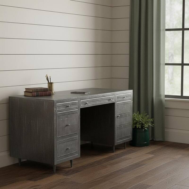 HomeRoots 64" Brown and Silver Solid Wood Executive Desk With Five Drawers - Silver