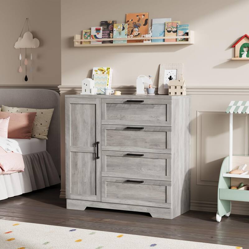 43.3'' Small Wardrobe Closet, Wardrobe Cabinet with Door, 4 Drawers and Handing Rod, Wooden Clothes Cabinet