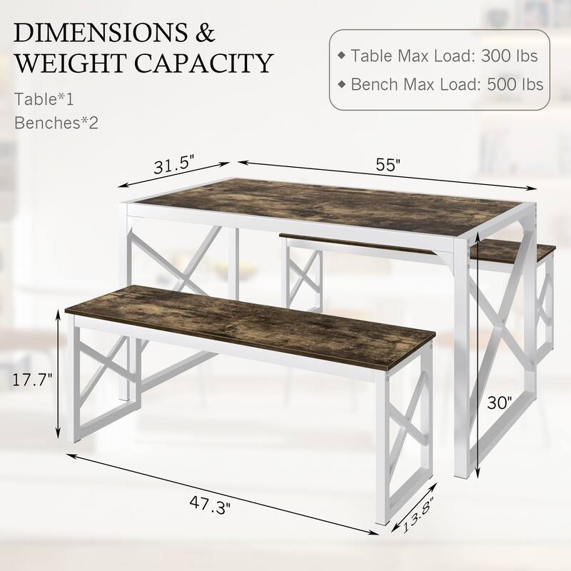 55" Dining Table with Benches Kitchen Table set for 4 Rectangular Dining Room Table Set with 2 Metal Wood Benches