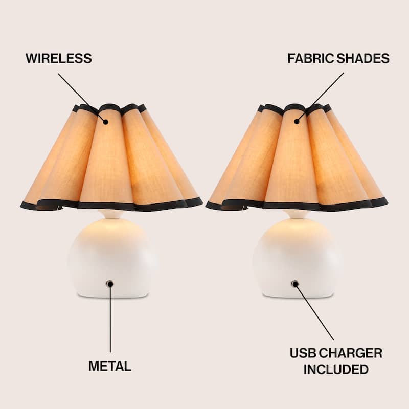 10.5" Cordless LED Dimmable Table Lamps, (Set of 2) - Vintage Scalloped Shade, By JONATHAN Y
