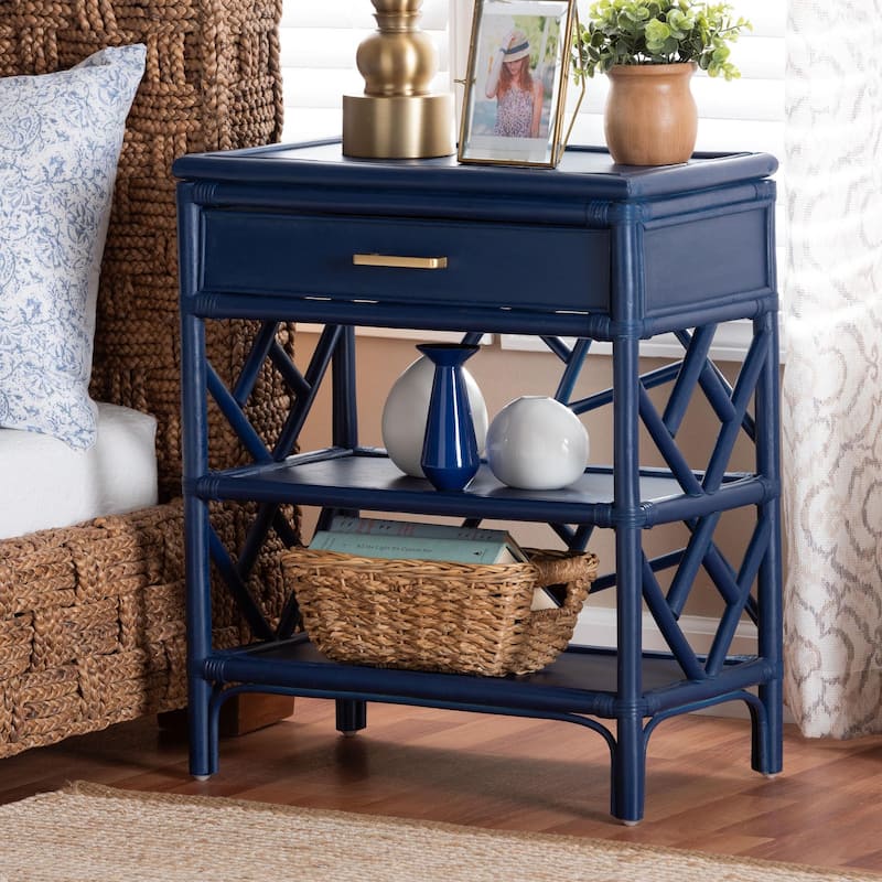 Daina Natural Rattan Nightstand with Drawer and Open Shelves- Coastal Bedside Table with Geometric Design