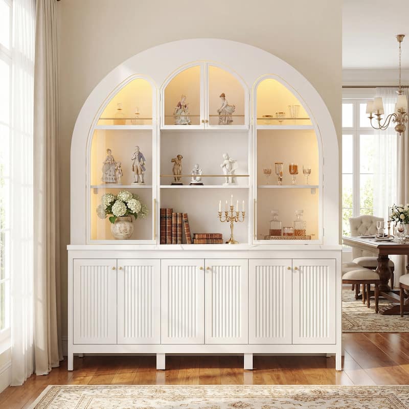 63" Arched Display Cabinet with LED Lights, Modern Buffet Sideboard with Glass Doors, Large Storage Credenza Bookshelves