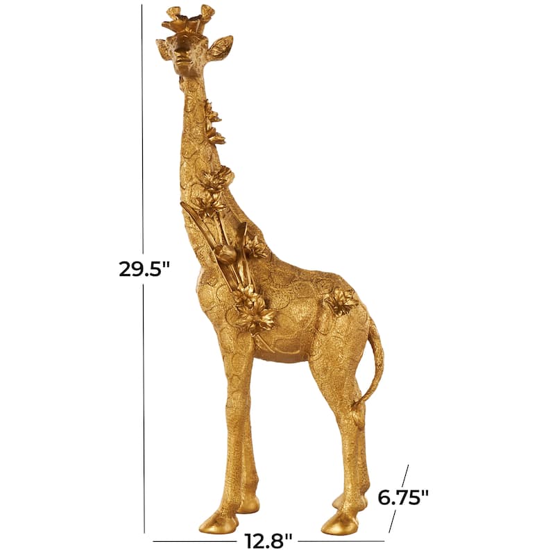 Gold Resin Standing Giraffe Decorative Sculpture with Textured Spots and Floral Accents - 7"W x 13"L x 30"H