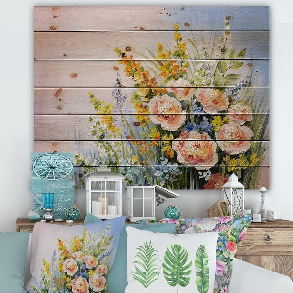 Designart 'Pink and Yellow Summer Wildflowers' Traditional Print on Natural Pine Wood. Opens flyout.