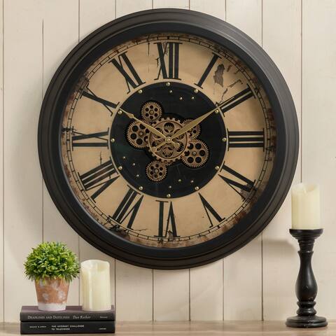Glitzhome 27.5"H Farmhouse Oversized Wall Clock with Moving Gears Tempered Glass