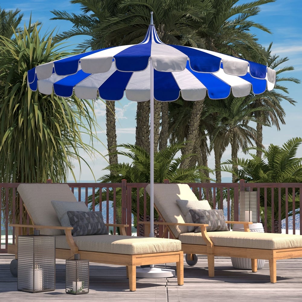 California Umbrella 8.5' Pagoda Series Patio Umbrella White Aluminum Pole Push Lift Sunbrella Natural and Pacific Blue