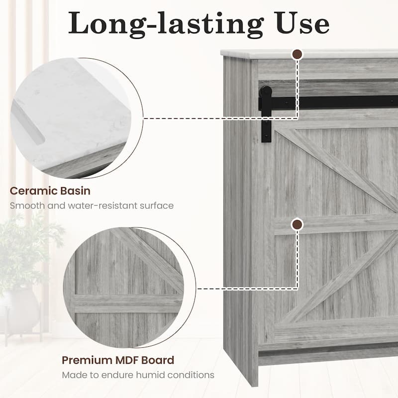 EROMMY Farmhouse Bathroom Vanity with Ceramic Top and Sliding Barn Door Sink Cabinet, Rustic Single Sink Vanity