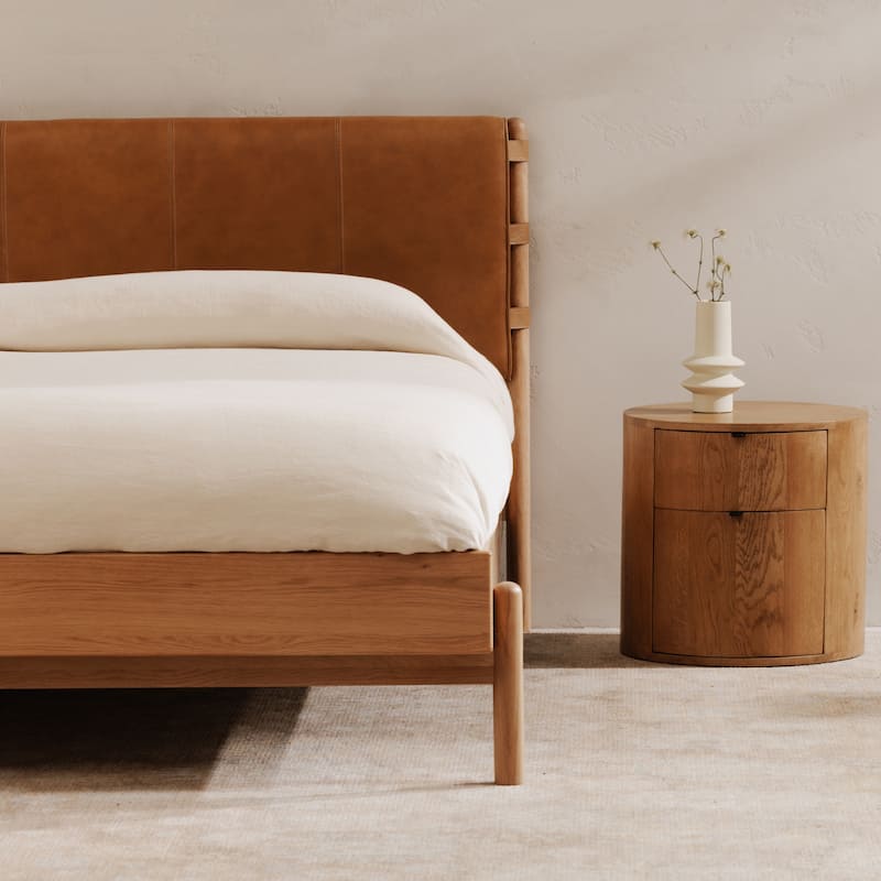 NADAAL STUDIOS Odette Queen Bed - Soft Low Design in Solid Oak and Oak Veneer in Light Brown