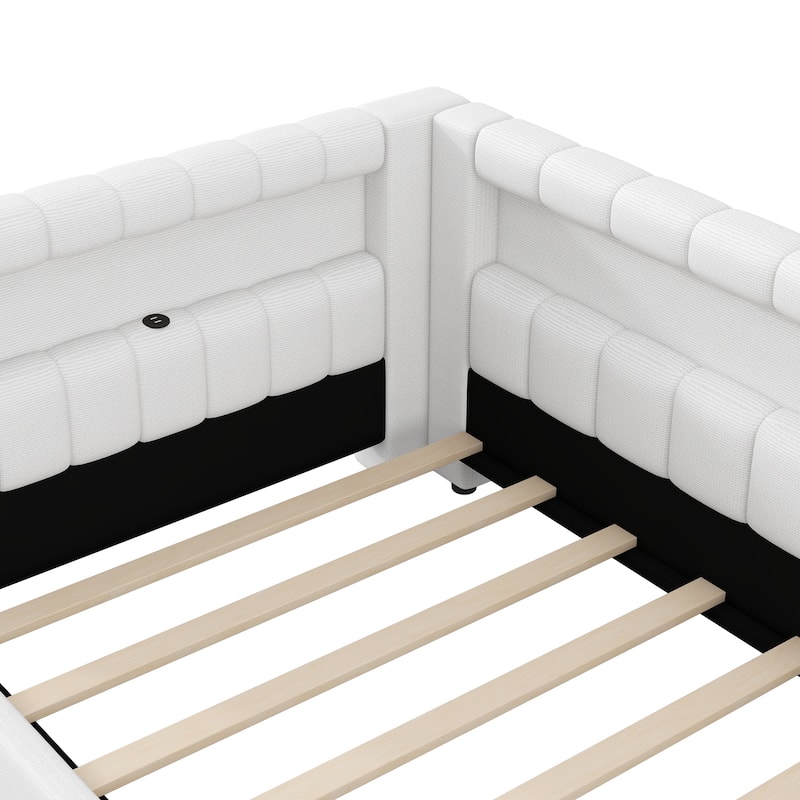 Upholstered Low-Profile Daybed Platform Bed Built-in USB Ports and LED Light Belt, Grounded Design with Padded Backrest
