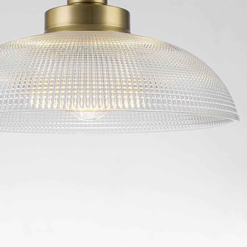 1-Light Gold Pendant Light Shallow Half-Dome Textured Grid Glass Shade - Dia.15.75-in