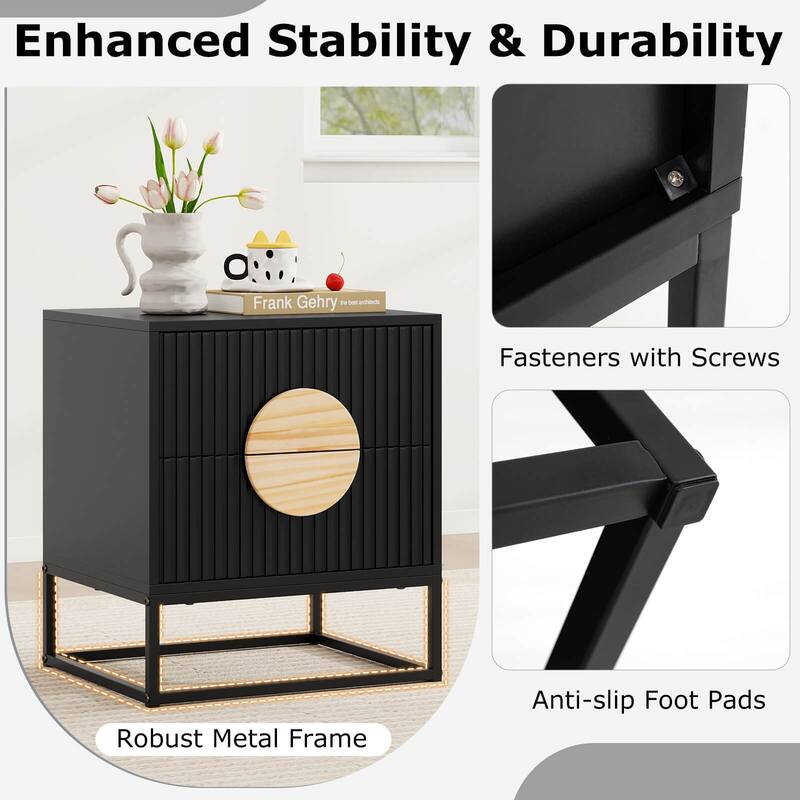 Costway 1/2 PCS Fluted Nightstand with 2 Drawers with Pine Wood