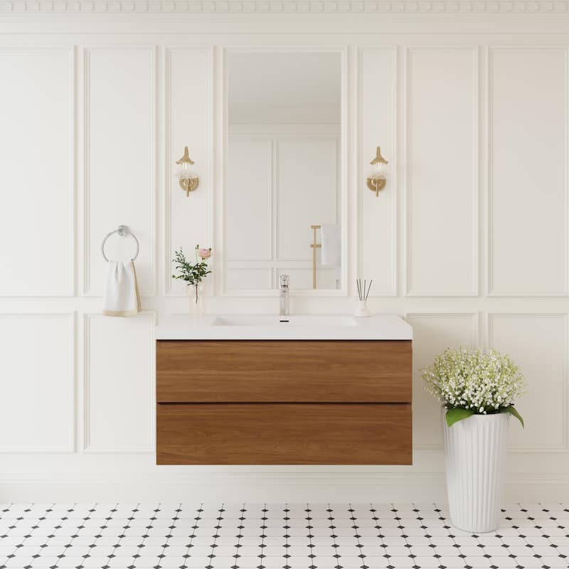 GDFStudio - Benjamin Modern Floating Bathroom Vanity with Integrated Resin Sink and Soft-Close Storage Drawers - White+Walnut