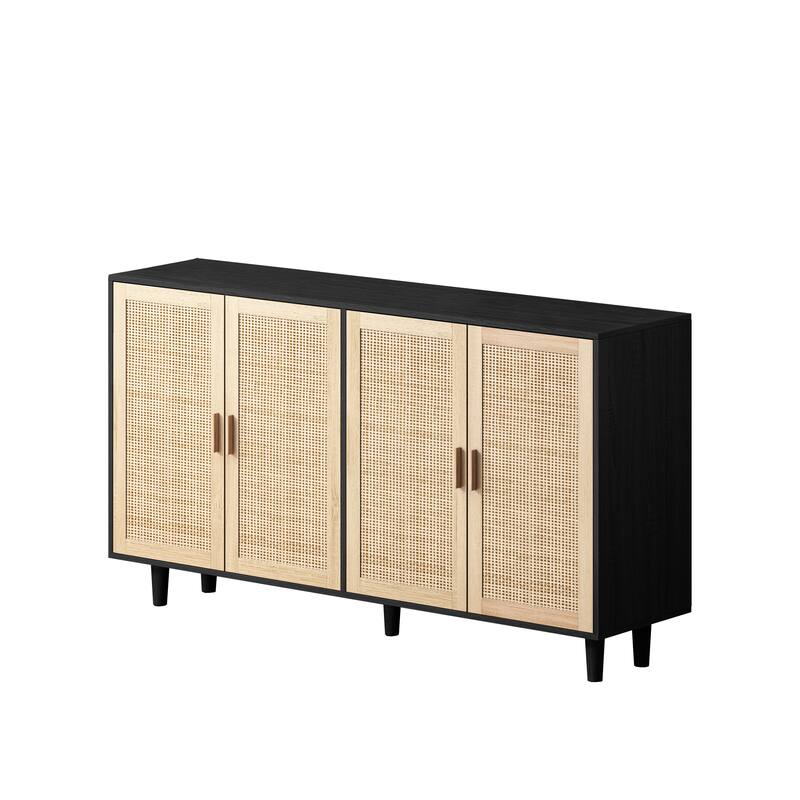 62.20" Modern Rattan Decorative Storage Cabinet with Solid Wood Legs, 4 Doors, Adjustable Shelves Versatile for Home,Office