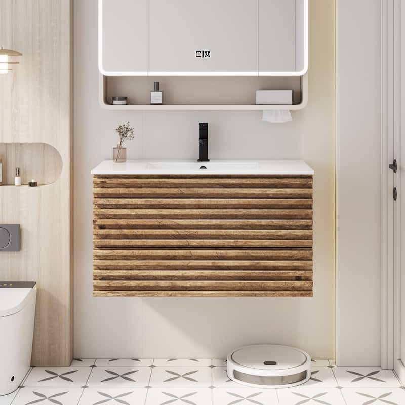 Bathroom Vanity with Drop-In Ceramic Sink Wall-Mounted Storage Cabinet - 36" - 36"Natural
