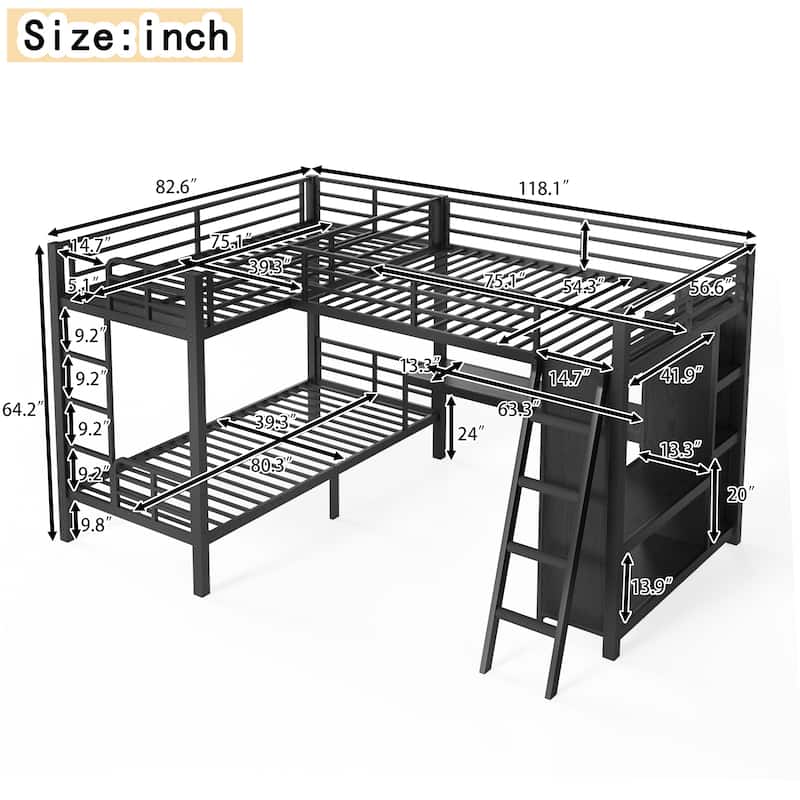 L-shaped Triple Bunk Bed with Desk and Wardrobe, Twin XL over Twin XL Bunk Bed with an Attached Full Loft Bed