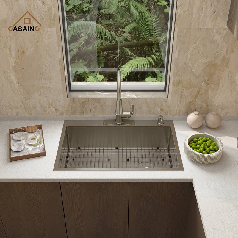 Stainless Steel 33 Single Bowl Drop-In Kitchen Sink with LED and Infrared Sensor Pull Down Kitchen Faucet