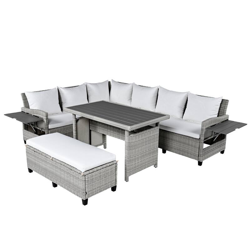 5-Piece Outdoor Rattan Sectional Sofa Set with Dining Table, Bench, and 2 Extendable Side Tables