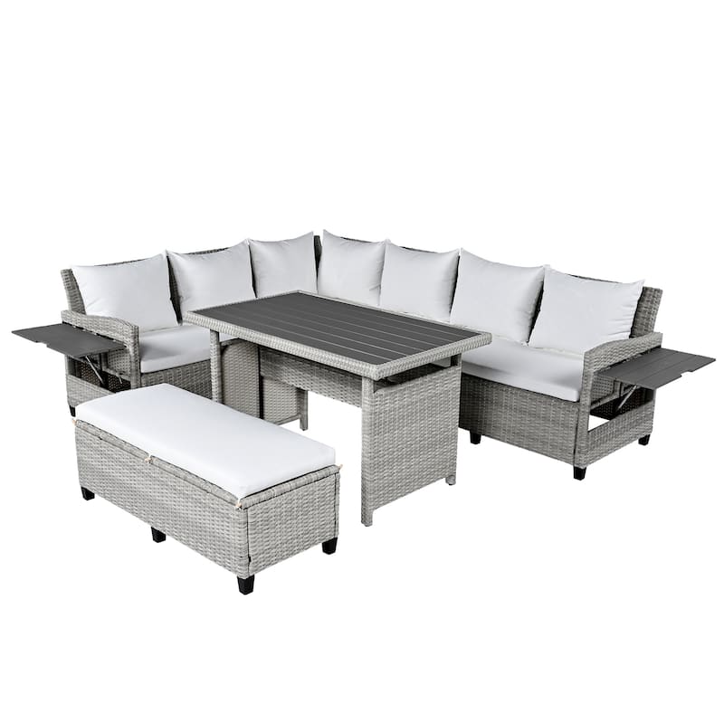 Roomfitters 5-Piece Outdoor Rattan Sofa Set, Patio Sectional Furniture with Dining Table, Storage Bench, Side Trays