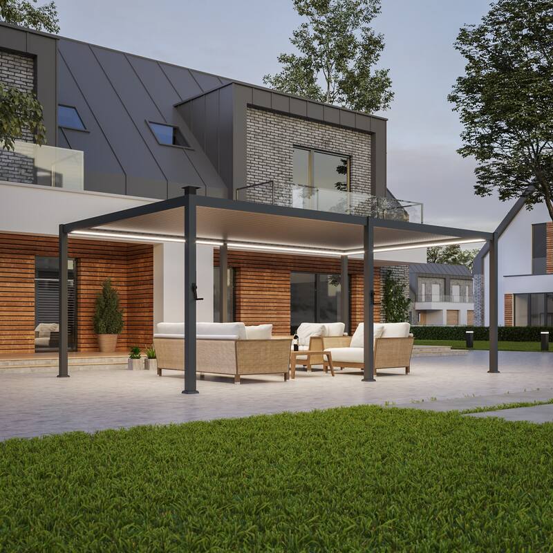 Outdoor Metal Solar LED Louvered Pergola with Adjustable Roof - 12' x 20' - Grey