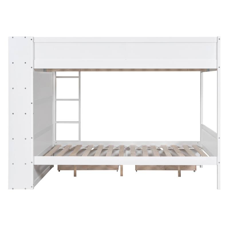Full over Full Bunk Bed with Drawers and Cabinet, White, Space-Saving Design