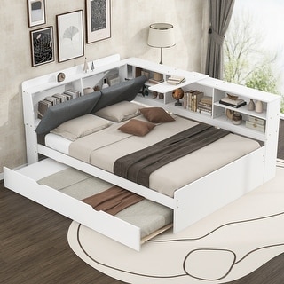 Full Size Wood Platform Bed with Trundle, Shelves and Storage Headboard, White
