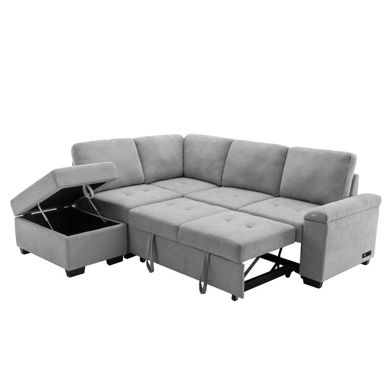 Corner Sleeper Sectional Sofa with Storage Ottoman & USB