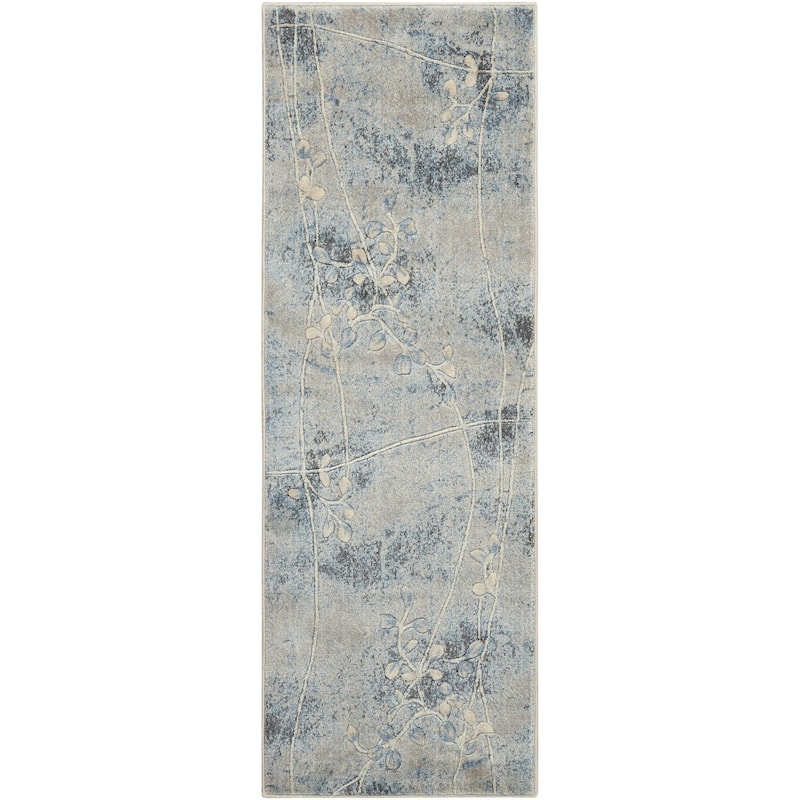 Nourison Susan Contemporary Floral Indoor only Area Rug. - 2' 3" x 8' - Silver/Blue