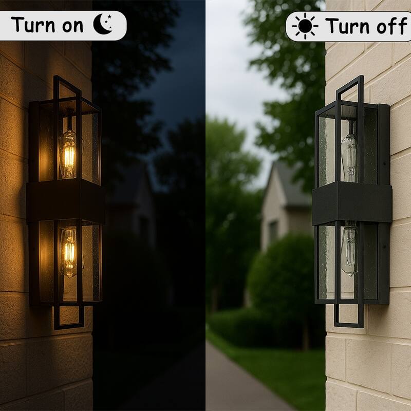 Modern Outdoor Wall Light with Dusk to Dawn Sensor with Seeded Glass 2-Light Waterproof Black Sconce for Porch Garage(2 Pack)