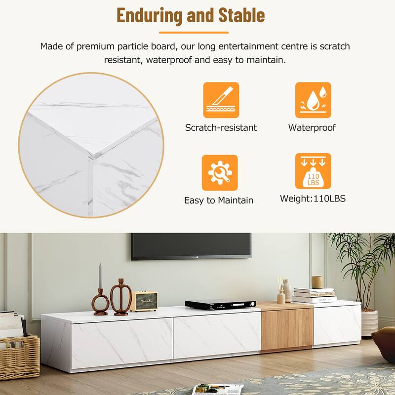 Modern Fashion TV Stand, for TVs Up to 88'' with Faux Marble and Walnut Wood Grain, 4 Storage Drawers, for Living Rooms, White