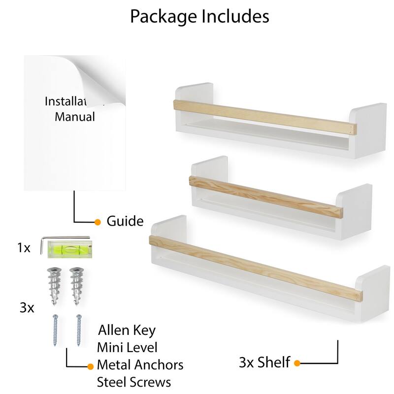Wallniture Utah Wood Wall Shelves Kids Bookshelf Set of 3 Toy Storage - White