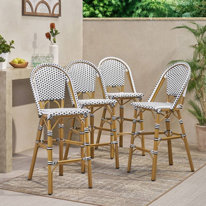 Kinner Outdoor Aluminum French Barstools (Set of 4) by Christopher Knight Home - 18.00" L x 23.75" W x 46.00" H - Black + White + Bamboo Print Finish