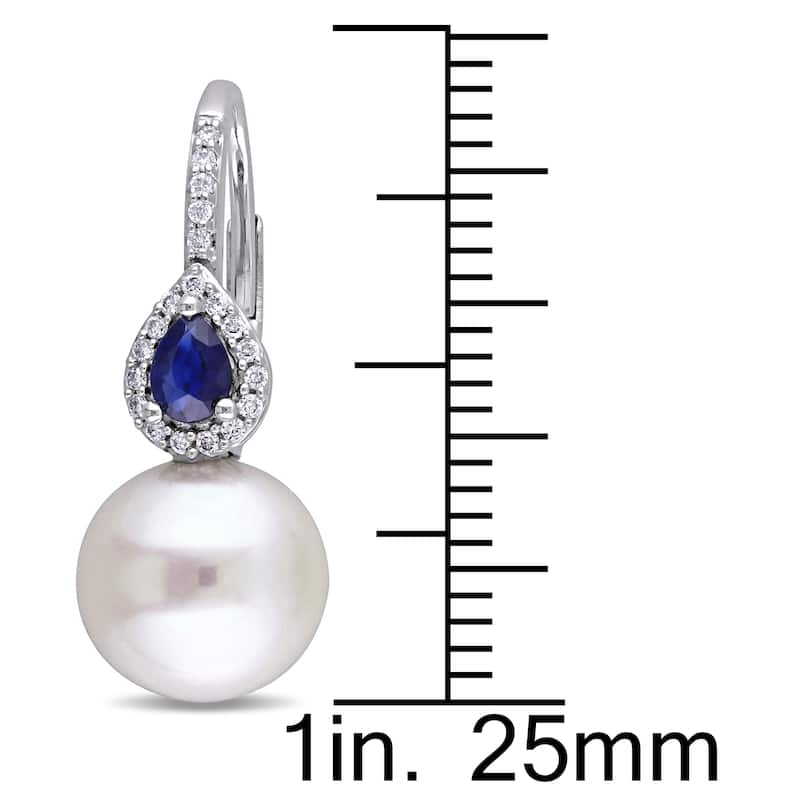Miadora 9-9.5 mm Cultured Freshwater Pearl 1/8 CT TW Diamond Pear-Shape Sapphire Leverback Earrings 14k White Gold
