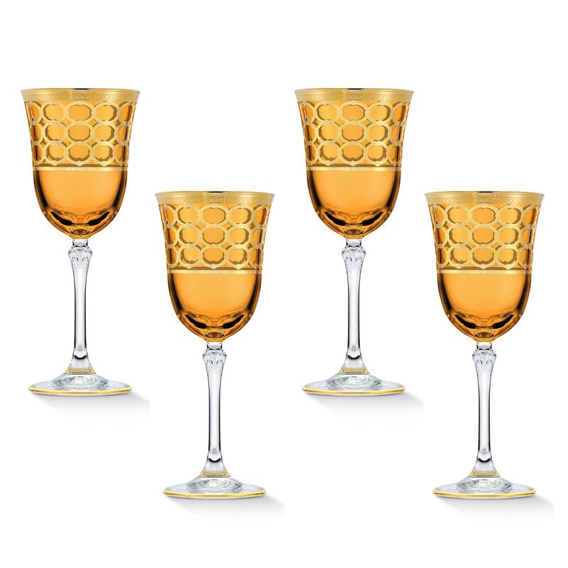 Lorren Home Trends Amber Color White Wine Goblet with Gold Rings, Set of 4