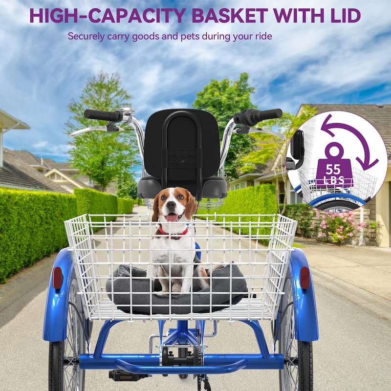 26" Blue 7 Speed Adult Tricycle 3 Wheel Bikes with Removable Baskets