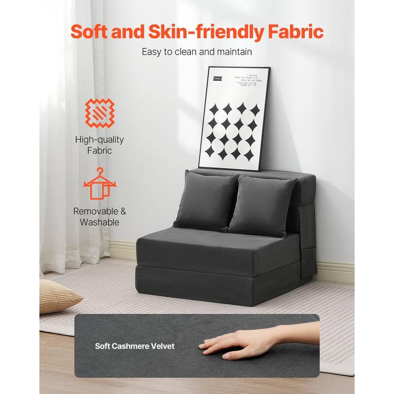 Dark Grey Single Foam Fabric Foldable Sofa Bed with Pillows and Washable Cover - 73.23” L x 28.74” W x 5.91” H