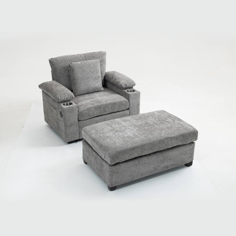 GDFStudio - Ethan Blake Oversized Chenille Chair Bed with Ottoman, Storage & USB Charging for Lounge & Apartment Living