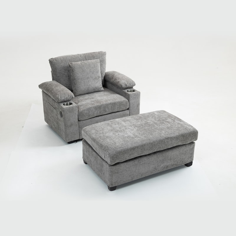 Modern Chenille Fabric Sofa Bed with Cupholders and USB Charging Ports