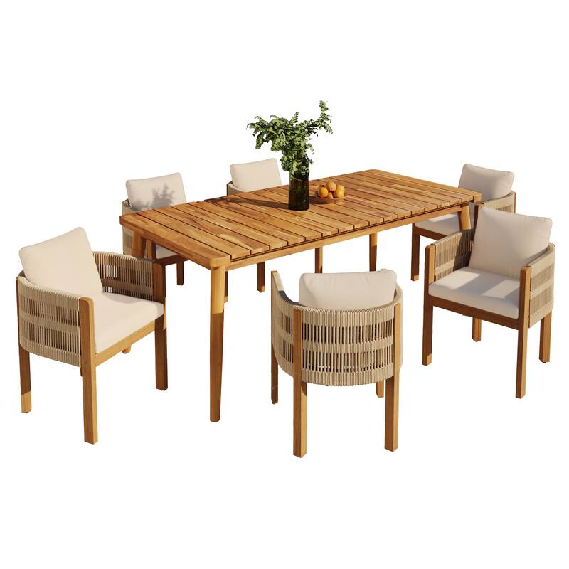 Roomfitters 7-Piece Outdoor Dining Set, Acacia Wood Patio Table and 6 Rope Woven Armchairs with Cushions