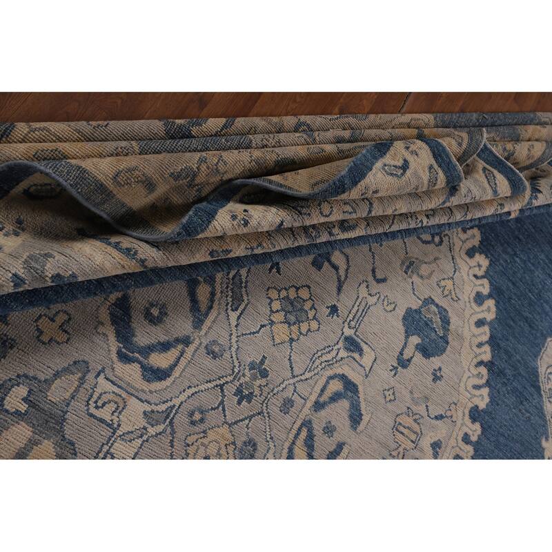 Blue Geometric Oushak Large Rug Hand-Knotted Wool Carpet - 9'10"x 13'10"