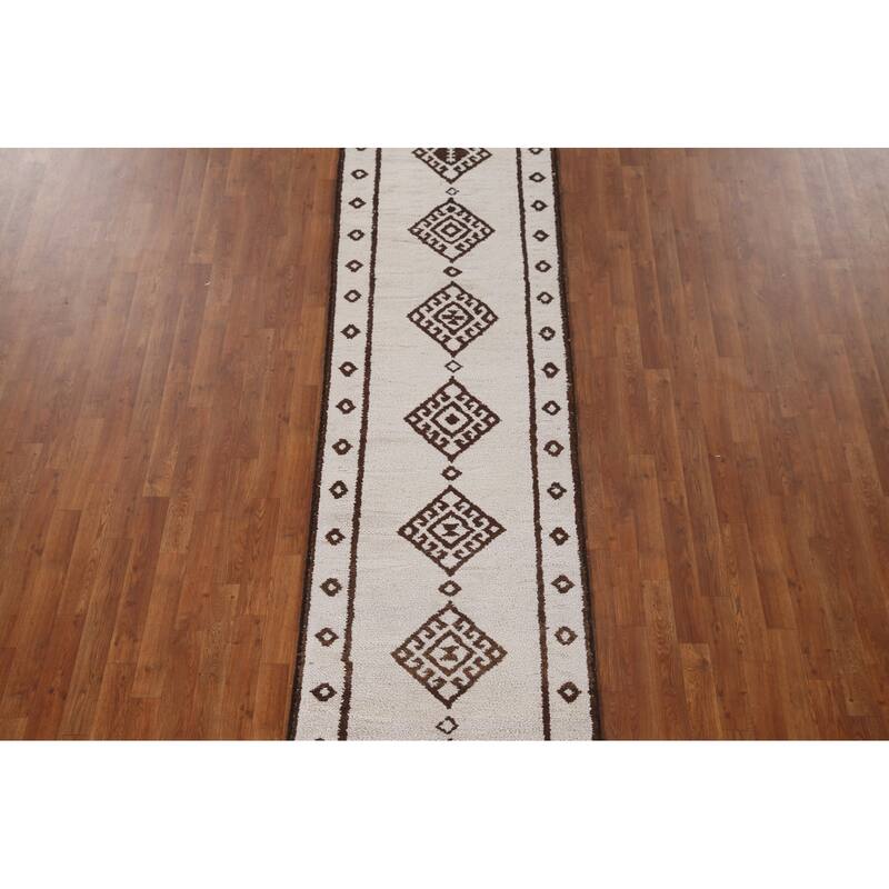 Geometric Beige Anatolian Turkish Runner Rug Handmade Wool Carpet - 2'8"x 12'11"