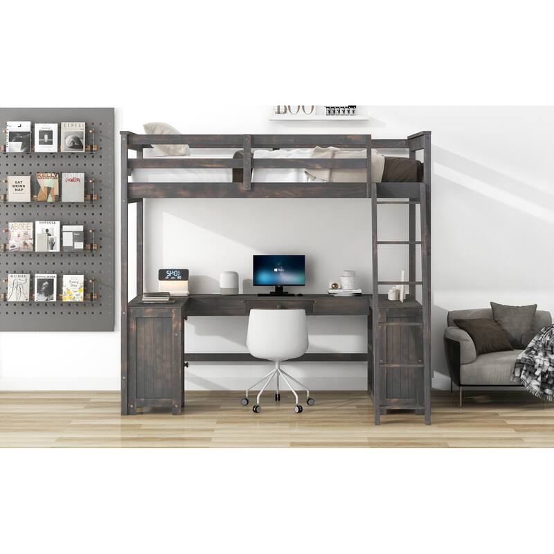 Twin Size Solid Wood Loft Bed with Desk, Blackboard & Drawers