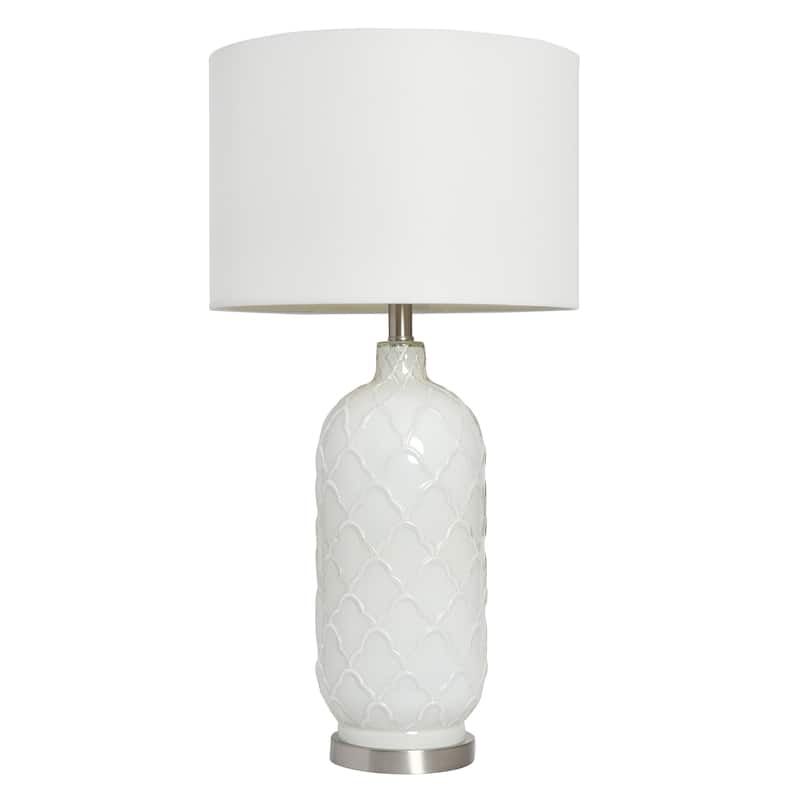 HomeRoots 30" White And Nickel Glass Quatrefoil Table Lamp With White Drum Shade - 15.00 in. x 30.00 in. x 15.00 in.