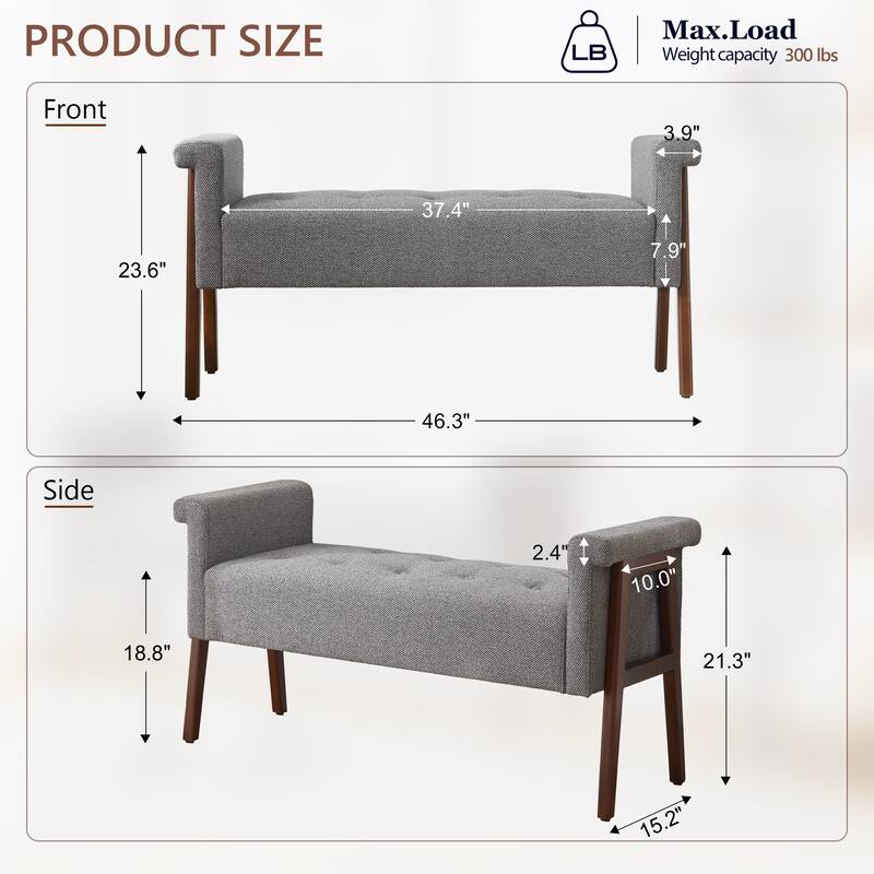 Modern Fabric Upholstered Entryway Storage Bench with Wooden Legs and Armrests